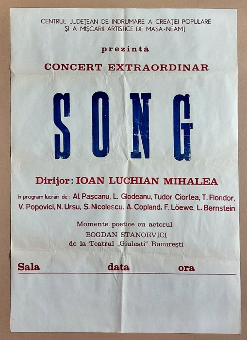 1984 Concert SONG, Ioan Luchian Mihalea - afis XL original Epoca de Aur, 61x86cm