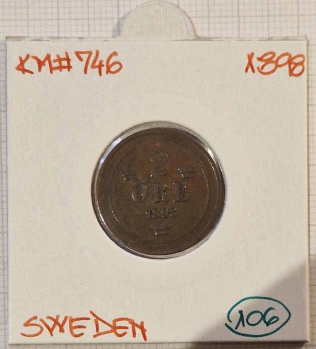 106 Suedia, Sweden, 2 &Ouml;re - Oscar II 1898, KM#746