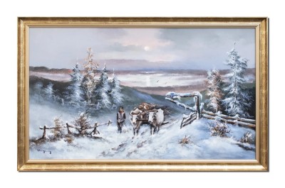 Tablou peisaj de iarna pictat manual inramat, Car cu boi, 110x70cm ulei pe panza, Geo Ungureanu foto