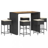 Cumpara ieftin Set bar de gradina, 7 piese, cu perne, negru, poliratan