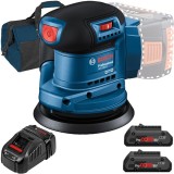 Bosch GEX 185-LI + 1600A016GF + 1619BZ0100 - Slefuitor cu excentric 125 mm + Set 2 acumulatori si incarcator Li-Ion 18 V 4 Ah + Geanta textila