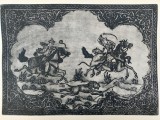 ✅ Gravura traditionala persana / iraniana scena de vanatoare 50x35 cm ( stampa 35x25 ) , dupa veche placa de cupru , semnata , de identificat artistul