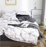 Cumpara ieftin Lenjerie Pat Bumbac 4 Piese cu Elastic, Alb/Gri, 140x200 cm. Set Complet Pilota, Cearceaf si Fete Perna