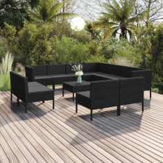 vidaXL Set mobilier de grădină cu perne, 12 piese, negru, poliratan