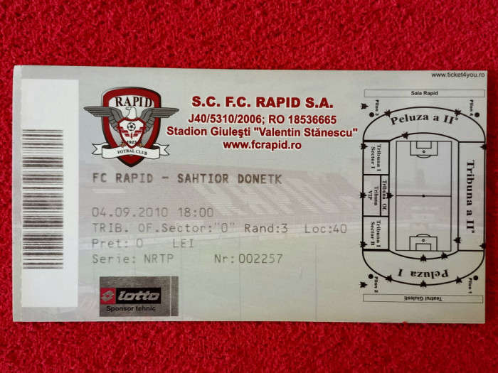 Invitatie meci fotbal RAPID BUCURESTI - SAHTIOR DONETK (04.09.2010)