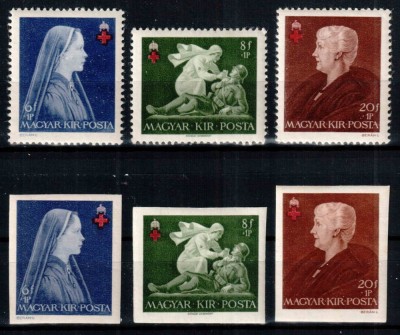 Ungaria 1942, Mi #696-698 A+B**, seria dantelata + nedantelata, Crucea Rosie, MNH. Cota 20 &amp;euro;! foto
