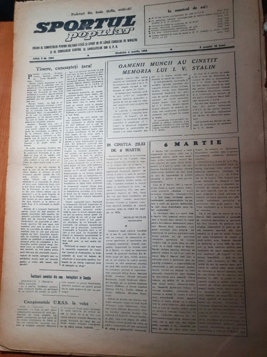 sportul popular 6 martie 1954-fotbal progresul oradea,sah,schi la poiana brasov