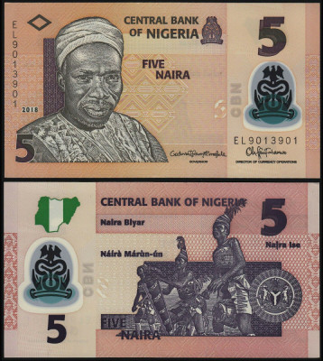 NIGERIA █ bancnota █ 5 Naira █ 2018 █ P-38i █ POLYMER █ UNC █ necirculata foto