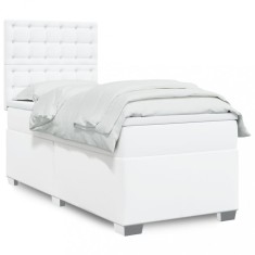 vidaXL Pat box spring cu saltea, alb, 100x200 cm, piele ecologică