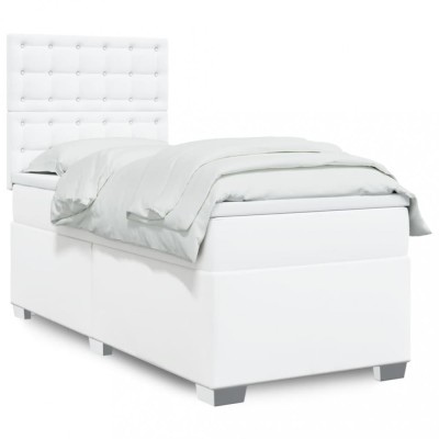 vidaXL Pat box spring cu saltea, alb, 100x200 cm, piele ecologică 3293009 foto