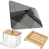 Covoras pentru baie ultra absorbant, anti-alunecare, material Diaton, Model Abstract, 50 x 80 cm cu Sapuniera din lemn natural B, MCT