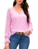 Bluza dama din dantela cu decolteu in V maneca lunga floral mansete evazate &ndash; Roz, L, S, XL