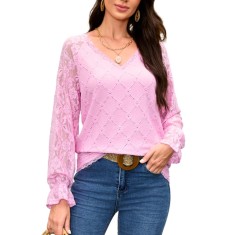 Bluza dama din dantela cu decolteu in V maneca lunga floral mansete evazate &ndash; Roz