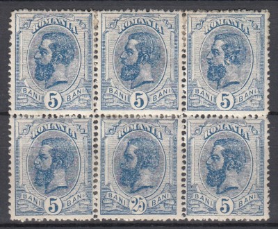 ROMANIA 1893 LP 51h REGELE CAROL I SPIC DE GRAU FILIGRAN PR EROARE 25 B+5B IN BLOC DE 6 TIMBRE GUMA ORIGINALA SARNIERE foto