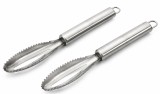 Cumpara ieftin Set 2 curatatoare pentru solzi de peste din otel inoxidabil, 24 x 3 cm, razuitoare manuale cu maner ergonomic, gri