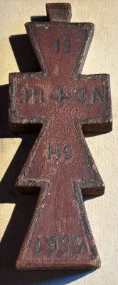 PRISTOLNIC , PECETAR / SIGILIU VECHI PENTRU PRESCURI(INITIALE RITUALICE )/ PIESA VECHE DIN LEMN DE TEI (DATAT:1933 ))/ Dim. 160 X 60 X 35 mm. foto