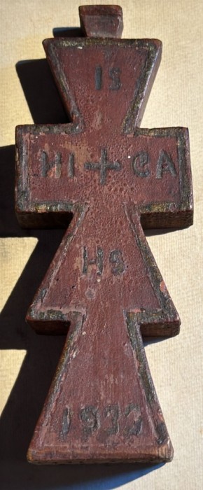 PRISTOLNIC , PECETAR / SIGILIU VECHI PENTRU PRESCURI(INITIALE RITUALICE )/ PIESA VECHE DIN LEMN DE TEI (DATAT:1933 ))/ Dim. 160 X 60 X 35 mm.