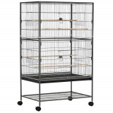 Cusca papagali de Interior din Otel si Lemn cu Tavă Detasabila, 4 Roți, Recipient pentru Alimente 78x52x132cm, Gri Inchis PawHut | Aosom Romania