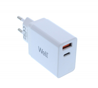 Incarcator retea Well, 1x USB-A QC3.0, 1x USB-C PD 45W, PPS, alb, punga foto
