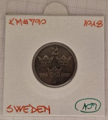 Sweden, Suedia, 1918, 2 ore, KM#790, Fier, stare excelenta