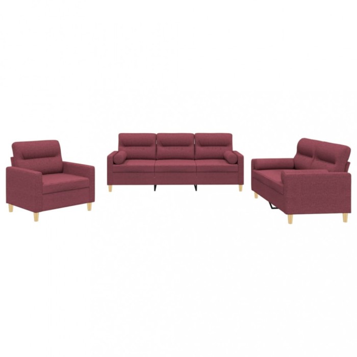 Set canapea cu perne, 3 piese, rosu vin, material textil