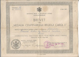 Brevet medalia centenarului regelui Carol I 1939