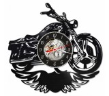 Ceas de perete decorativ realizat din disc de vinil, Model Motocicleta Chopper Biker, Flacari, Aripi Vultur, Cadran Skeleton, Negru, 30 cm