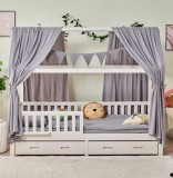 Pat copii CLOUD 90x200 cm set complet cu sertar, muselina gri si saltea spuma rece