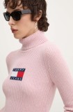 Tommy Jeans pulover din amestec de lana femei, culoarea roz, cu guler, DW0DW18678