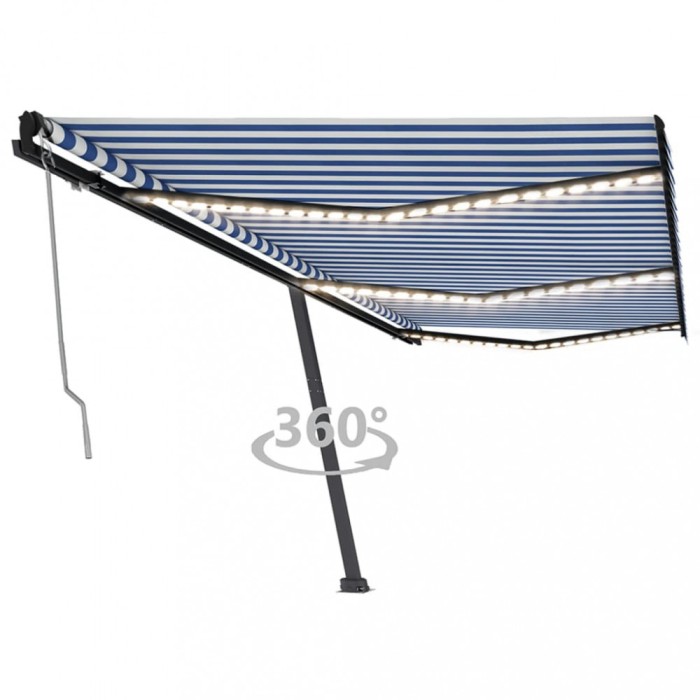 Copertină automată cu senzor v&acirc;nt&amp;LED, albastru/alb, 600x350 cm
