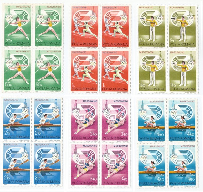 |Romania, LP 1011/1980, J.O. de Vara, Moscova, bloc de 4 timbre, MNH