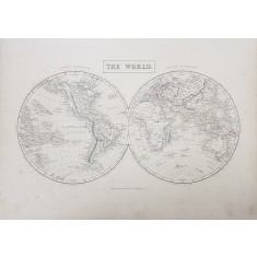 THE WORLD - PLANIGLOB , GRAVURA COLOR CU CELE DOUA EMISFERE DE VEST SI DE EST , MIJLOCUL SECOLUL XIX