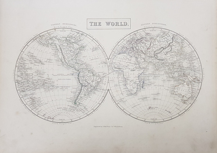 THE WORLD - PLANIGLOB , GRAVURA COLOR CU CELE DOUA EMISFERE DE VEST SI DE EST , MIJLOCUL SECOLUL XIX