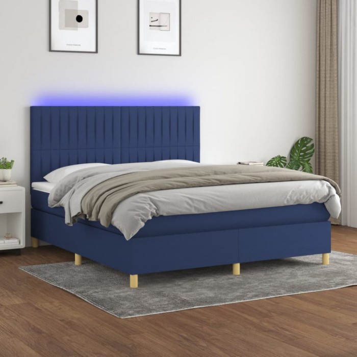 vidaXL Pat cu arcuri, saltea și LED, albastru, 160x200 cm, textil 3135611