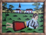 Femeie &icirc;ntinsă pe iarbă, pictură rom&acirc;nească naivă, pe sticlă