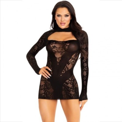 LEG AVENUE - MINI DRESS WITH LACE LONG SLEEVE BLACK foto