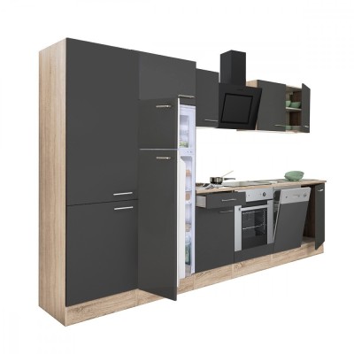 Mobilă de bucătărie Yorki 340, corp din stejar sonoma, front antracit satinat, element cuptor inferior, dulap cu rafturi și frigider cu congelator sup foto