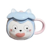 Cana cu capac din ceramica Pufo Crazy Cat pentru cafea sau ceai, 300 ml, albastru