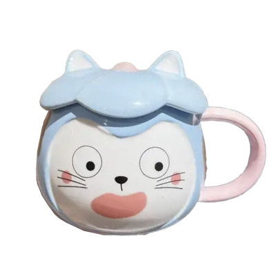 Cana cu capac din ceramica Pufo Crazy Cat pentru cafea sau ceai, 300 ml, albastru foto