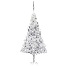 vidaXL Brad Crăciun pre-iluminat cu set globuri, argintiu, 180 cm, PET