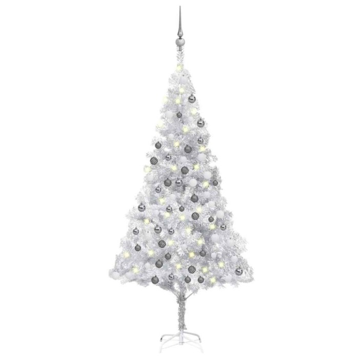 Brad Crăciun pre-iluminat cu set globuri, argintiu, 180 cm, PET