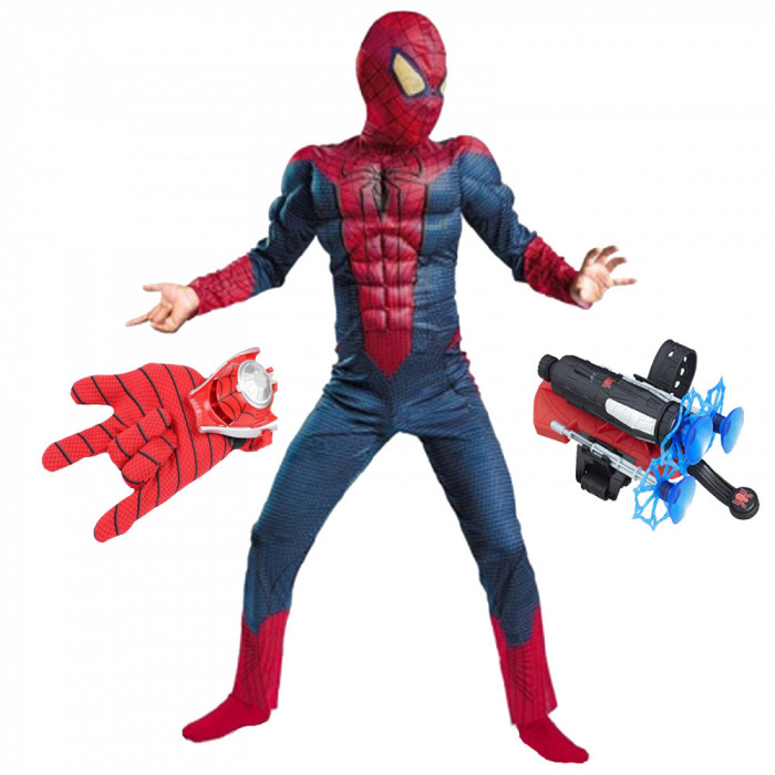 Set costum Spiderman cu muschi si doua lansatoare pentru baieti 120-130 cm 7-9 ani