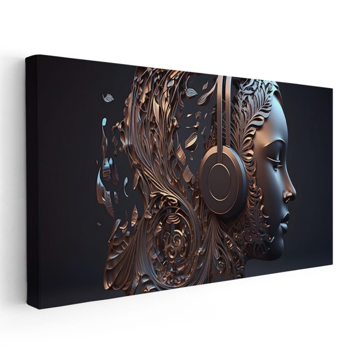 Tablou 3D fantezie femeie cu casti, ornament floral, maro 1738 Tablou canvas pe panza CU RAMA 30x60 cm