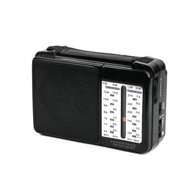 Radio portabil, FM/AM/LW/SW, control volum, curea de transport, 4 benzi, antena telescopica, din plastic, cu baterii sau cablu, negru foto