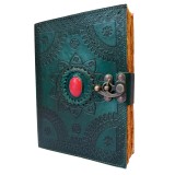 Agenda Jurnal din piele naturala cu pagini tip pergament si inchidere metalica - Mandala Green