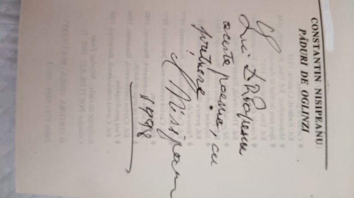 PĂDURI DE OGLINZI-CONSTANTIN NISIPEANU CU DEDICAȚIE ȘI SEMNATURA CĂTRE D. R. POPESCU-1998-AA.