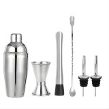 Set Barman Preparare Cocktail,Flippy, 6 Piese, Inox, Argintiu, Kit Accesorii Bar si Mixologie: Shaker750ml, Masura dubla, Pistil, Lingura barman, 2 Pi