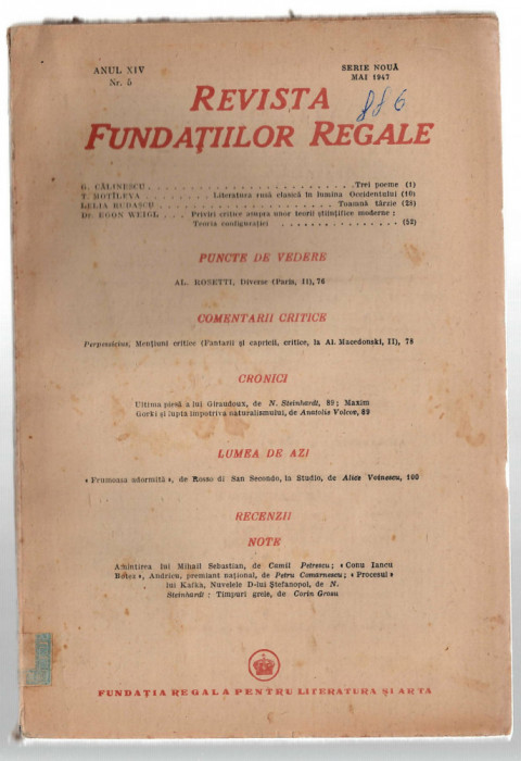 Revista Fundatiilor Regale mai/1947 G. Calinescu T. Motileva E. Weigl L. Rudascu