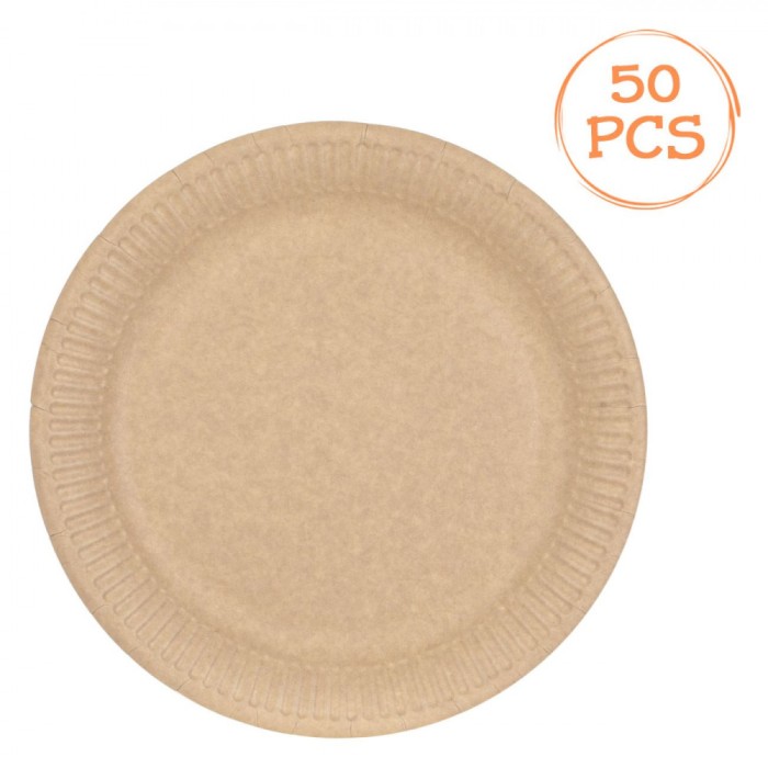 Farfurii Carton Kraft, 24 cm, Set 50 Bucăți, Compostabile, Bej