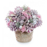 Decoratiune Craciun, cos cu flori si con de brad, roz, 17.5x19 cm, Strend Pro